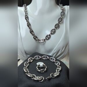 Silver Puffed Mariner 3-Piece Set – 18" Stainless Steel Necklace, Bracelet Ring